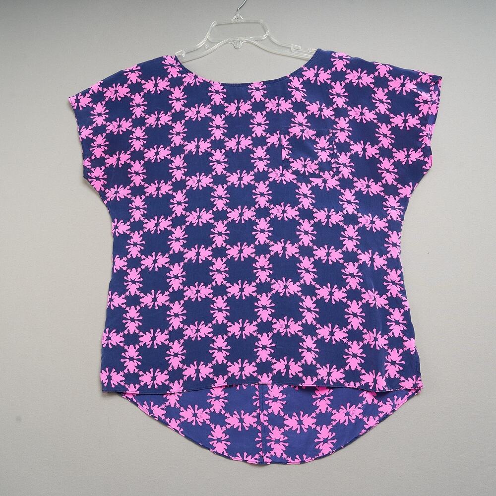 Lilly Pulitzer Silk Top Womens Sz M Frog Print Pullover Blouse Navy & Pink